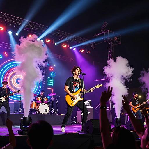 Neon-Lit Concert with Energetic Lead Singer