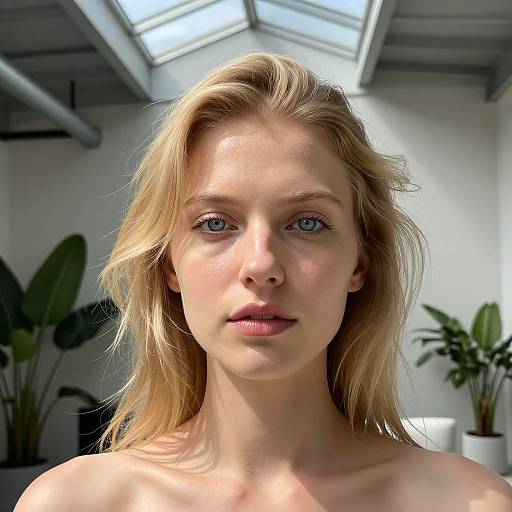 Photograph of a fair-skinned, blonde woman with blue eyes, light makeup, and shoulder-length hair, standing indoors with potted plants and sk