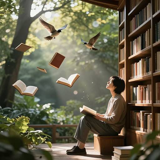 Magical Floating Books in Sunlit Library