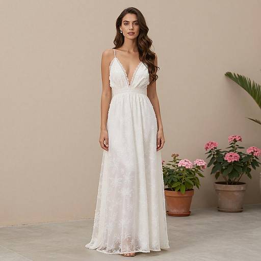 Brunette Woman in White Floral Bridal Dress