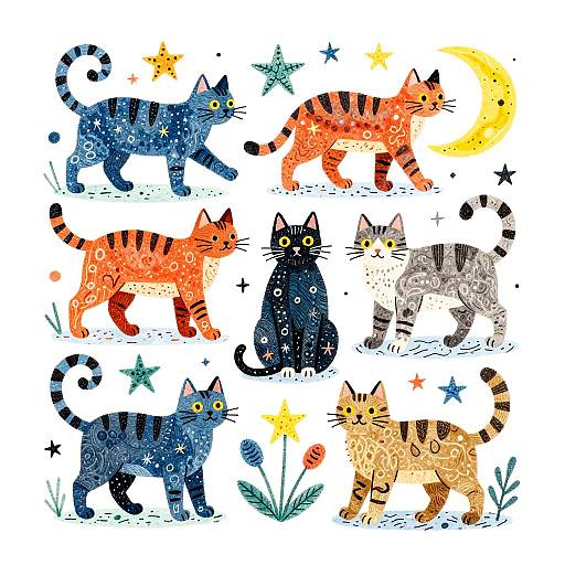 Whimsical illustration of six colorful, patterned cats with stars and crescent moon, surrounded by flowers and stars on white background.