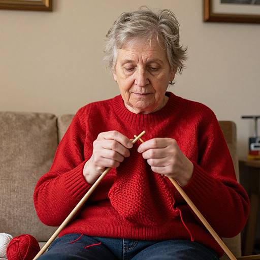 Elderly Woman Knitting Red Sweater