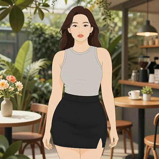 Digital illustration of a fair-skinned woman with long brown hair, wearing a white tank top and black skirt, standing in a sunny outdoor café with lush