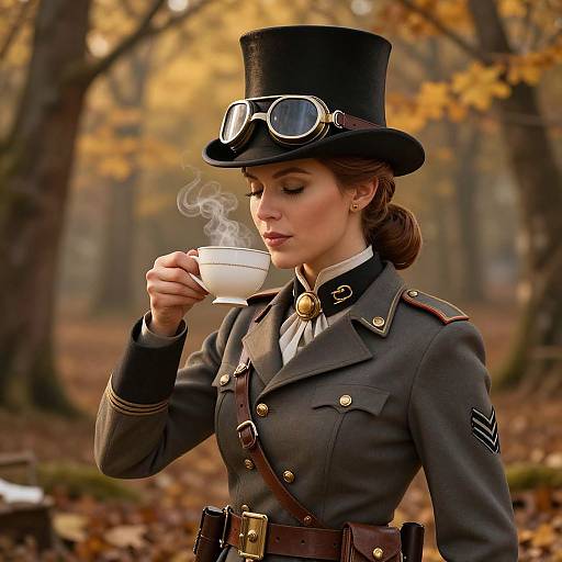 Photograph-style digital art of a Victorian-era woman in a black top hat with goggles, dark uniform, sipping tea in an autumn forest.