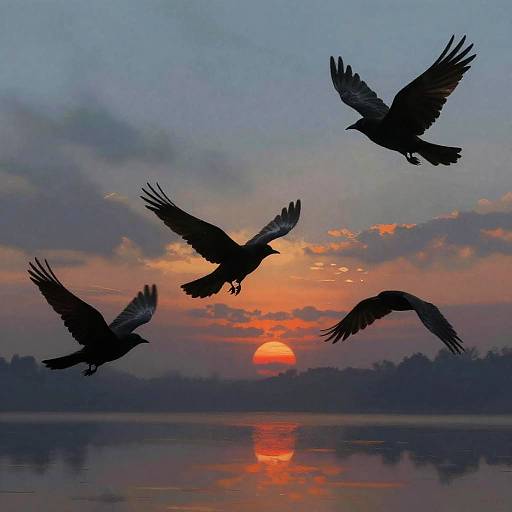 Silhouetted Birds Over Misty Sunset