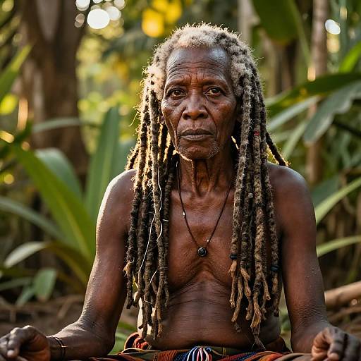 Photograph of an elderly, topless, dark-skinned African man with long, braided hair, wearing a necklace, in a lush, sun