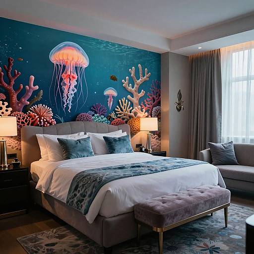 Photograph of a modern bedroom with an underwater-themed mural, featuring jellyfish and coral, above a plush bed with grey pillows and a tufted