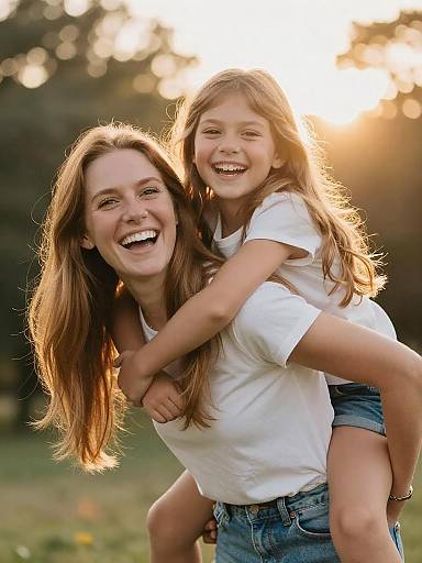 Joyful Mother Carrying Daughter Piggyback Outdoors