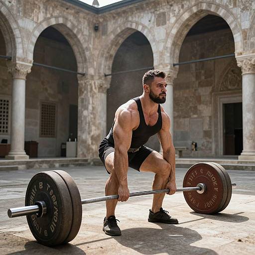 Photograph of muscular, bearded man in black tank top and shorts, squatting with heavy barbell in ancient stone courtyard with arches.