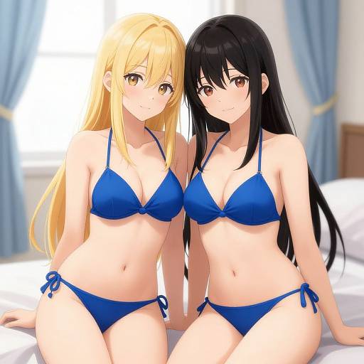 Digital anime-style drawing of two women in blue bikinis, one blonde with yellow eyes and the other black-haired with brown eyes, sitting on a bed