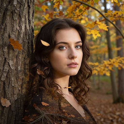 Photograph of a young woman with curly brown hair, fair skin, and green eyes, leaning against a tree in an autumn forest, surrounded by yellow