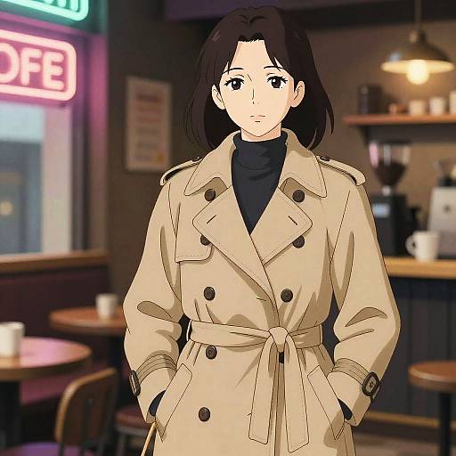 Anime-style digital drawing of a serious, brown-haired woman in a beige trench coat, standing in a dimly lit café with neon 
