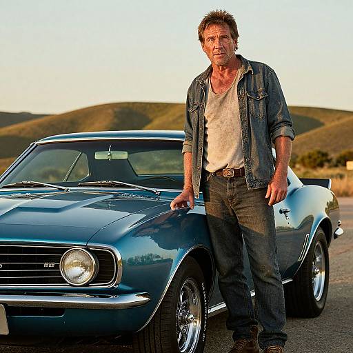 Photograph of a rugged, middle-aged man with spiky hair, wearing a denim jacket and white shirt, leaning on a shiny blue classic muscle car