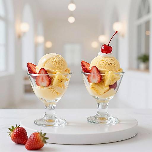 Yellow Ice Cream with Fresh Fruit in Glass Cups