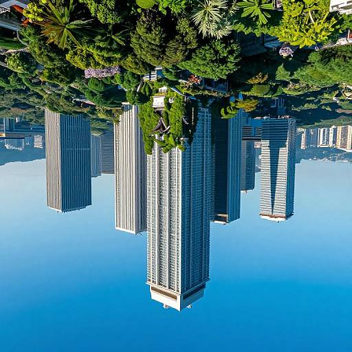 Photograph of futuristic cityscape with tall, reflective skyscrapers partially covered in lush greenery, floating above a bright blue, mirror-like surface,