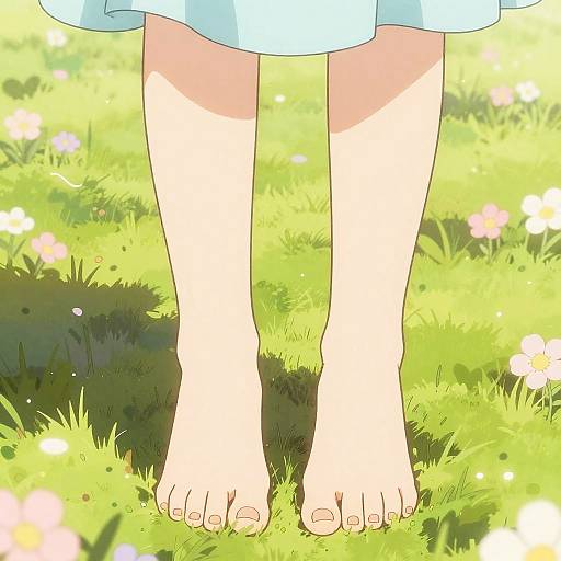 Digital anime-style drawing of bare legs and feet standing on vibrant green grass with pink flowers, sunlight filtering through.