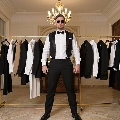 Photograph of a suave man in black tuxedo, white shirt, black bow tie, sunglasses, standing in elegant room, in front of