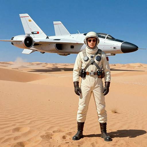 Photograph of a male astronaut in white spacesuit standing in desert with F-14 Tomcat jet in clear blue sky background.