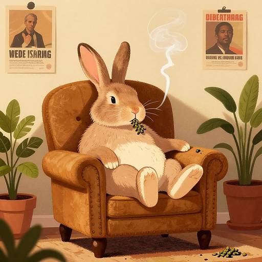 Digital illustration of a white rabbit with a cigarette and grapes, lounging in a brown armchair, flanked by potted plants, with 