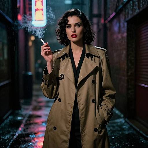 Gloomy alleyway photograph: Dark-haired woman with red lipstick smokes cigarette, wearing tan trench coat, standing in rain, neon lights glowing in