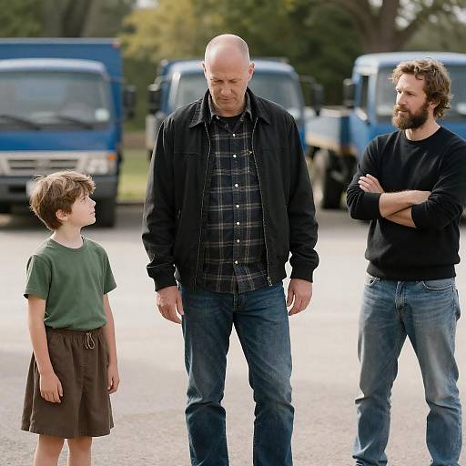 Three People Standing Outdoors with Blue Trucks