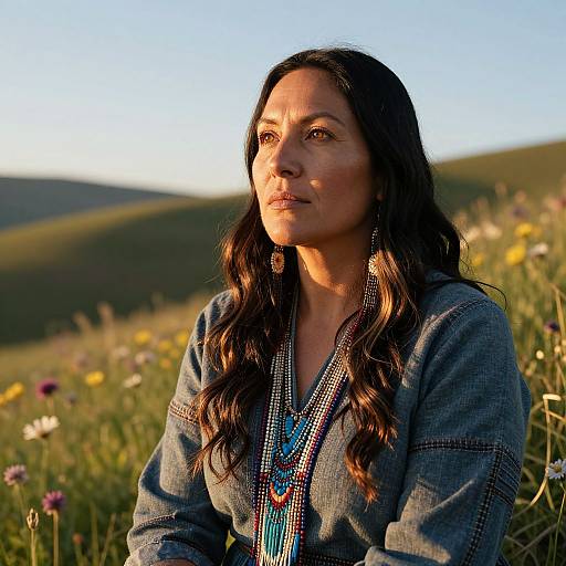 Photograph of a dark-haired woman with long wavy hair, wearing a blue denim shirt and colorful beaded necklace, sitting in a sunlit me