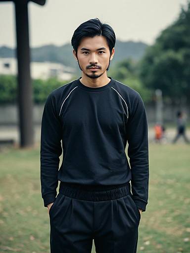 Realistic Asian Man in Costume Outdoors