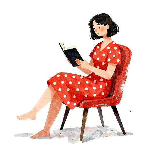Digital illustration of a woman with short black hair, wearing a red polka-dot dress, reading a book on a red chair.
