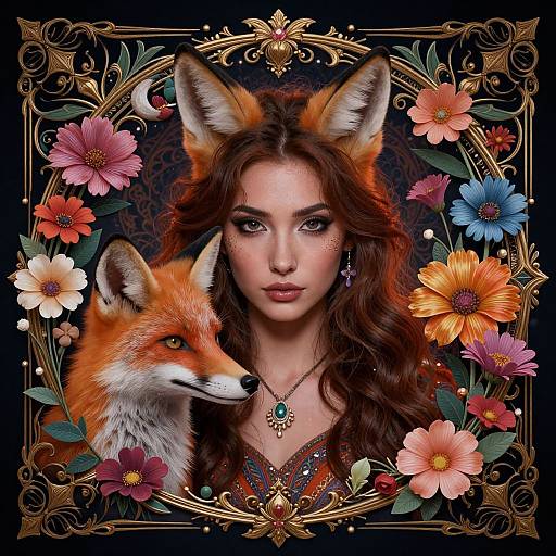 Digital artwork of a woman with long brown hair and fox ears, surrounded by vibrant flowers and gold ornate frame.