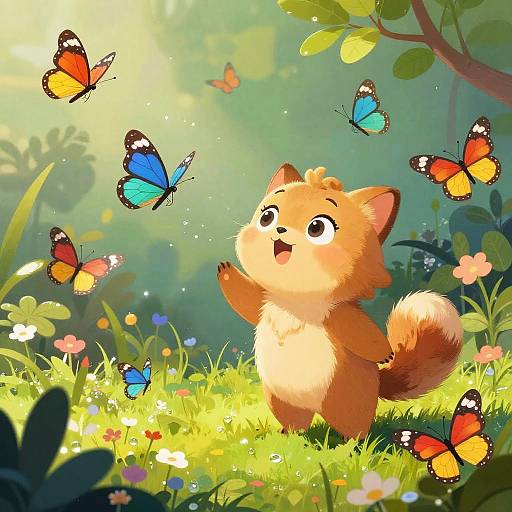 Cute Kitten Playing Among Butterflies