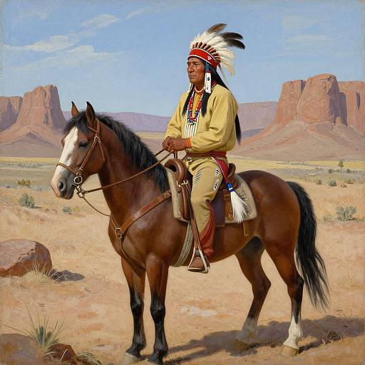 Photograph-style painting of a Native American man in yellow traditional attire with red and white feather headdress, riding a brown horse in a desert landscape with