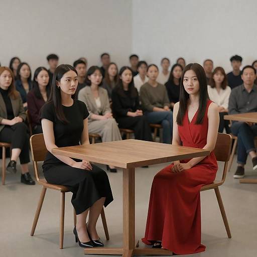 Women in Minimalist Room: A Poised Encounter