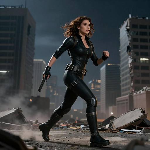 Nighttime Female Action Hero in Ruins