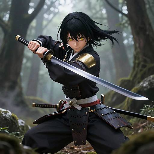 Anime Samurai Girl in Misty Forest