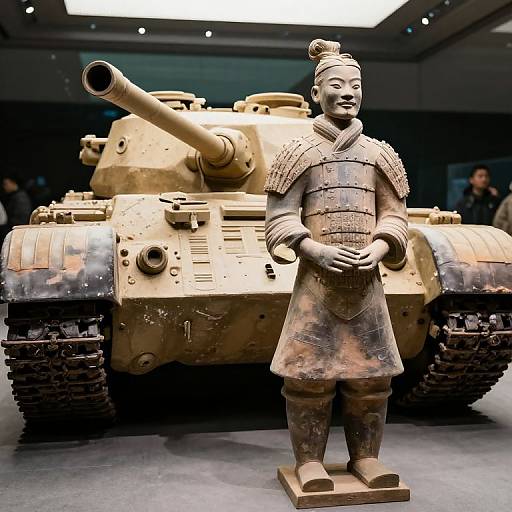 Photograph of a detailed bronze statue of a smiling ancient warrior in traditional armor standing in front of a large, realistic tank. Museum exhibit setting.