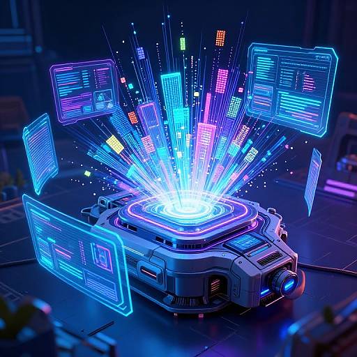 Neon-blue holographic interface explodes from a futuristic, glowing, cube-shaped device in a dark, high-tech lab, illuminated with vibrant digital screens and