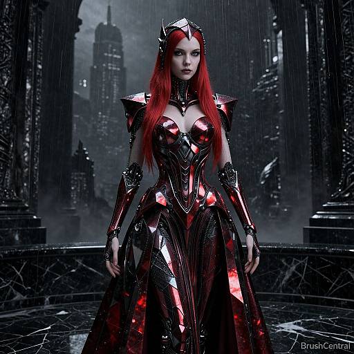 CGI image of a red-haired woman in a reflective, black and red armor dress, standing in a rainy, dark, gothic cityscape.