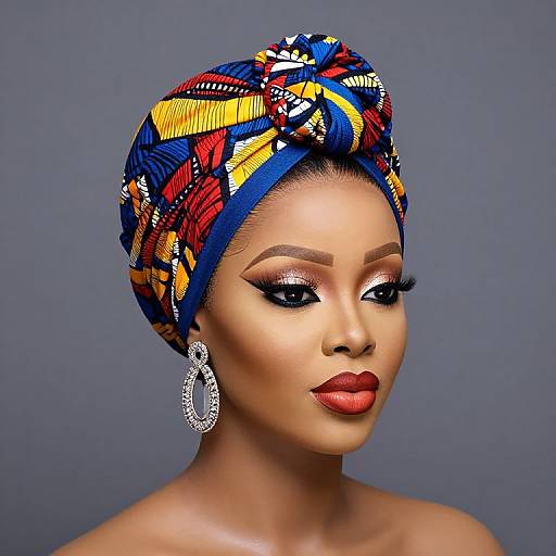 Photograph of a beautiful Black woman with intricate colorful headwrap, bold red lipstick, shimmering eye makeup, and large silver earrings, against a gray
