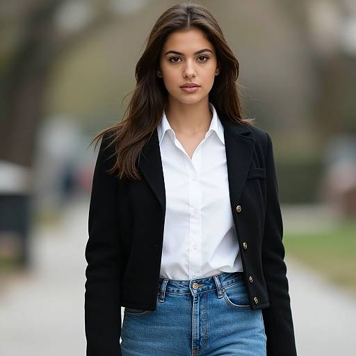 Photograph of a young woman with long brown hair, wearing a black blazer, white button-up shirt, and blue jeans, standing in a blurred