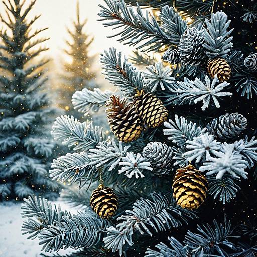 Frost-Covered Pinecones on Christmas Tree