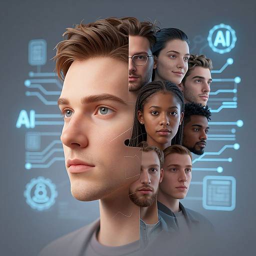 Photorealistic CGI image of six diverse, attractive people with serious expressions, overlaid on a blue-tech background with glowing circuit icons.