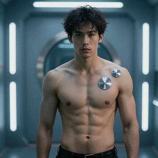 Muscled Man in Futuristic Corridor