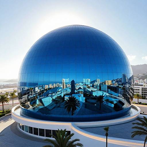 Photograph of a modern, blue-tinted glass dome building reflecting a cityscape, palm trees, and clear sky in bright daylight.