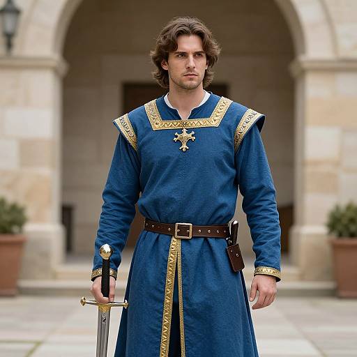 Medieval Man in Blue and Gold Cosplay