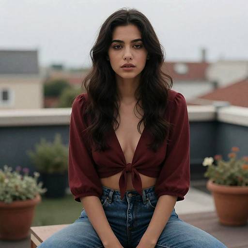 Mysterious Woman in Crimson Rooftop Garden