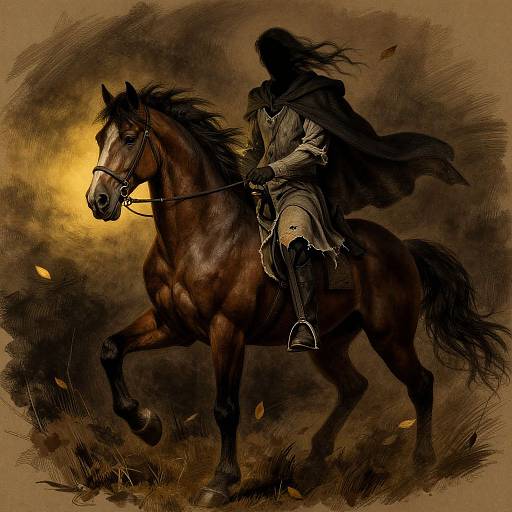 Digital artwork of a hooded figure in dark, tattered clothes riding a powerful brown horse with a glowing yellow halo in a dark, stormy field
