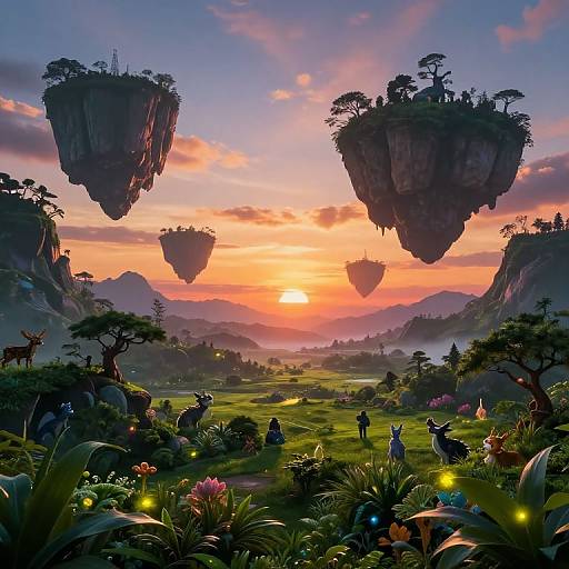 Fantasy sunset landscape with floating islands, vibrant flora, and diverse creatures, including a fox and birds, illuminated by glowing mushrooms. Digital art in a