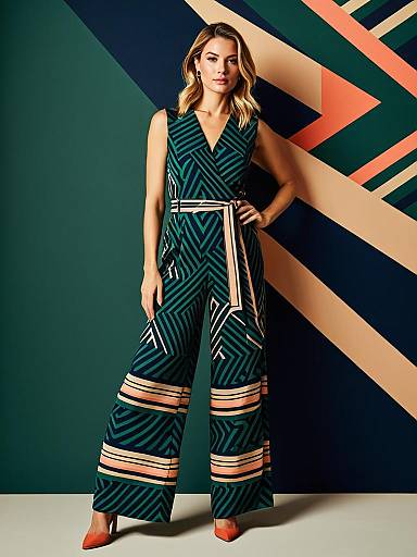 Woman in Sleeveless Geometric Print Jumpsuit