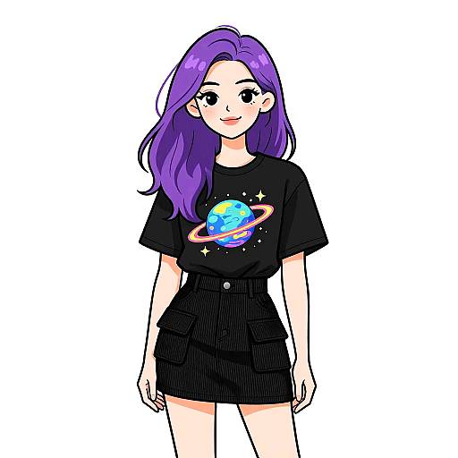 Digital anime-style drawing of a smiling woman with purple hair, wearing a black T-shirt with a colorful planet design, and black shorts, against a white