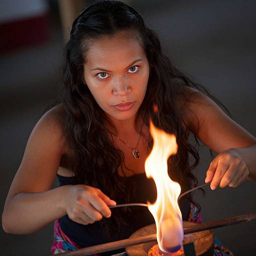 Photograph of a young woman with long black hair, dark skin, and intense eyes, skillfully holding a flaming torch near a metal object.